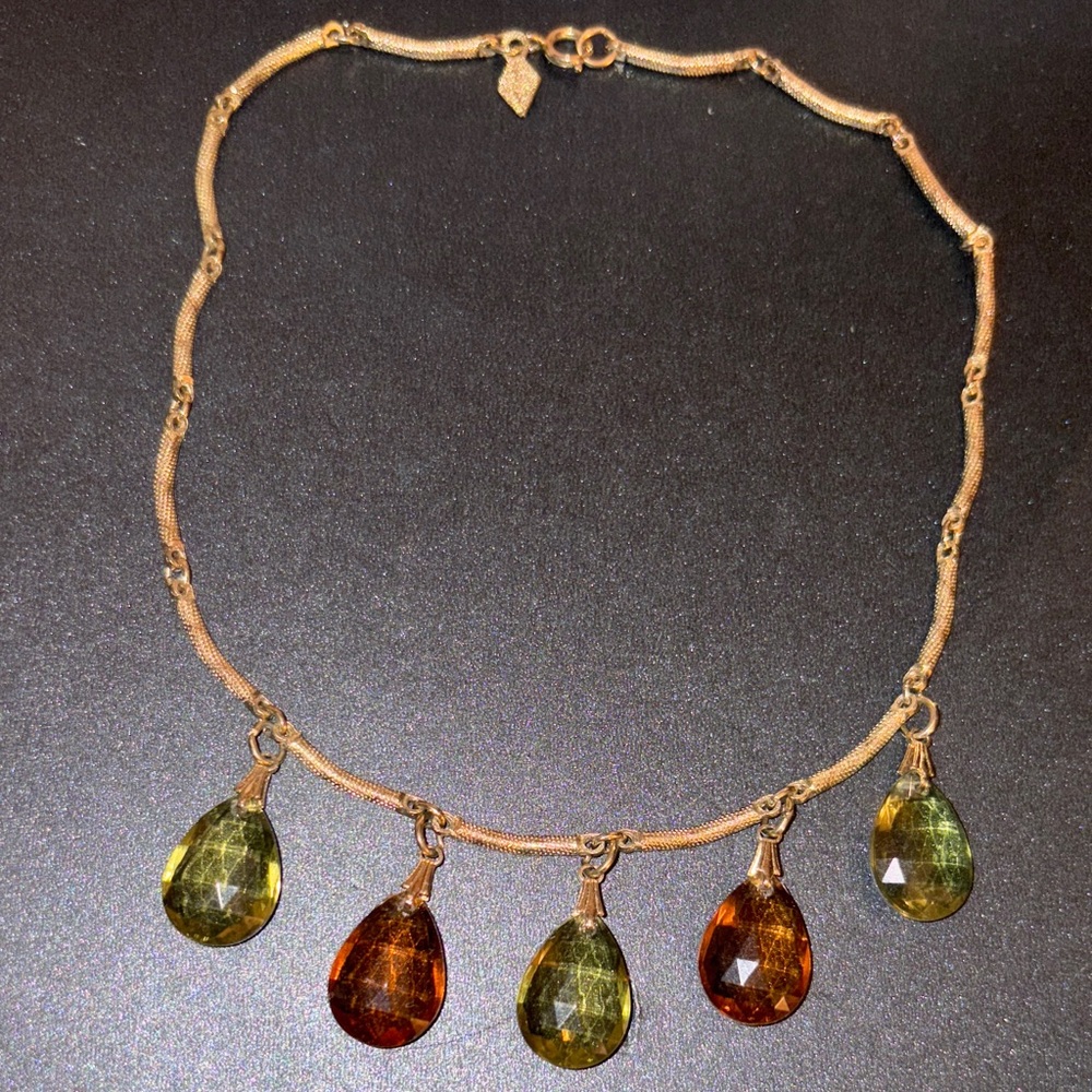 Sarah Coventry Gold Necklace with Green and Amber Glass Stones.